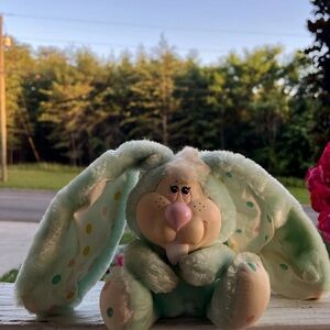 Vintage 1984 Rubber Face Plush Bunny Stuffed Animal mint Green Polka Dot Ears 6”